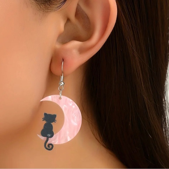 Pink Crescent Moon, Black Cat Earrings - Picture 5 of 5